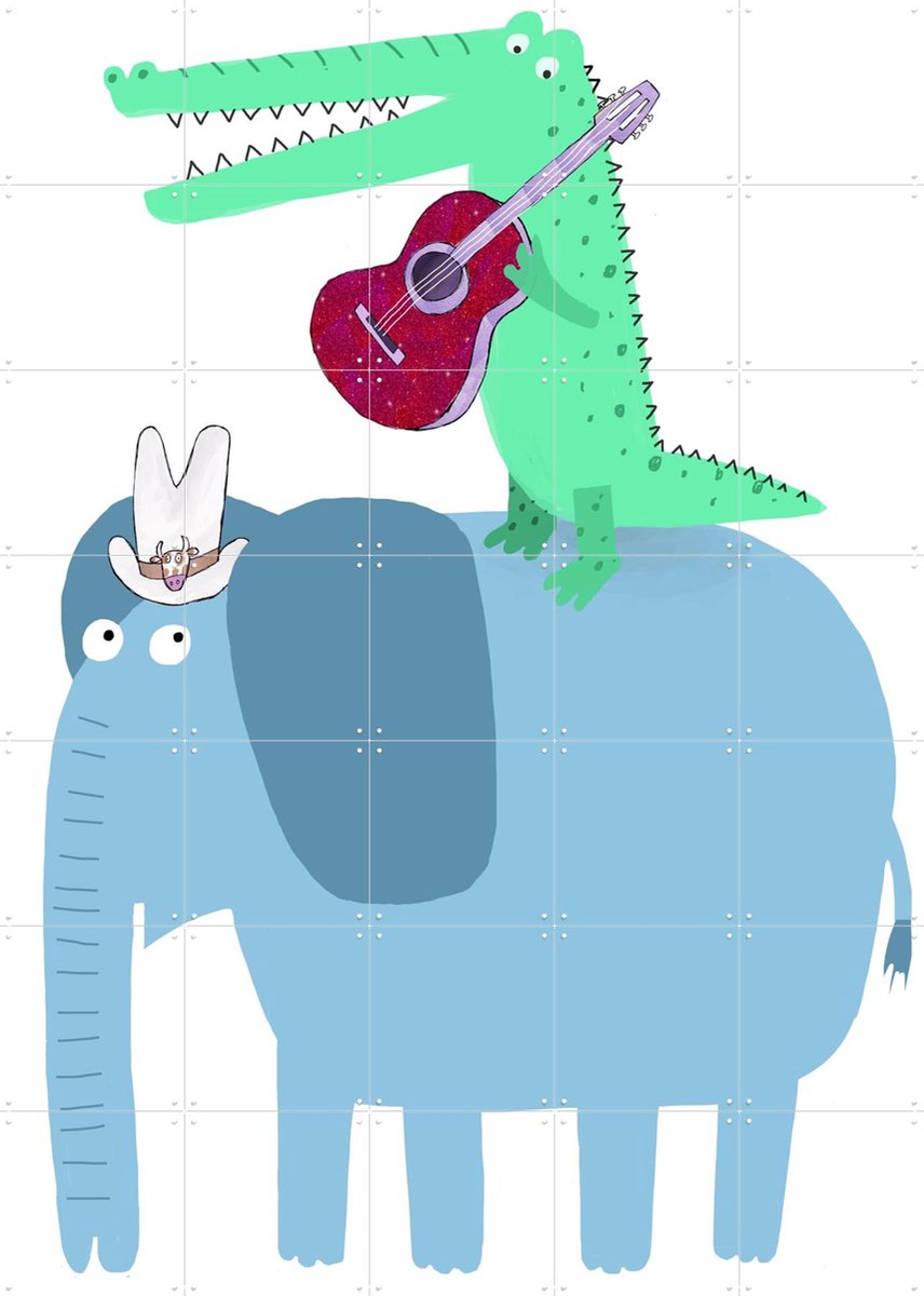 IXXI Elephant with a Guitar Playing Crocodile, Carla Daly - 100 x 140 cm - Gratis ophangtool - Grote wanddecoratie en posters - Kleurrijk