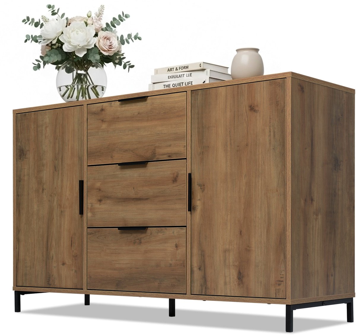 Merax Dressoir / Kommode Met 2 Deuren En 3 Lades – Donkere Eikenlook – Met Metalen Poten – Verstelbare Legplank – 120x40x76 cm