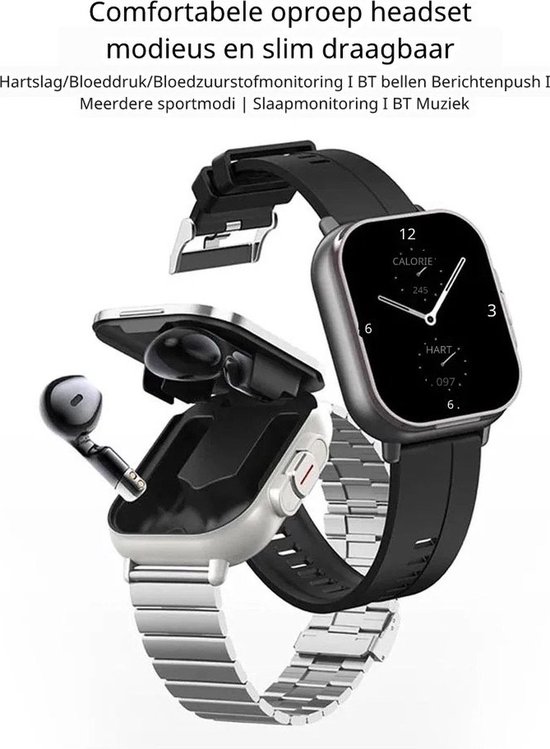 Zwarte smartwatch met metalen band, zwarte oordopjes in een open dock en een scherm met de tijd.