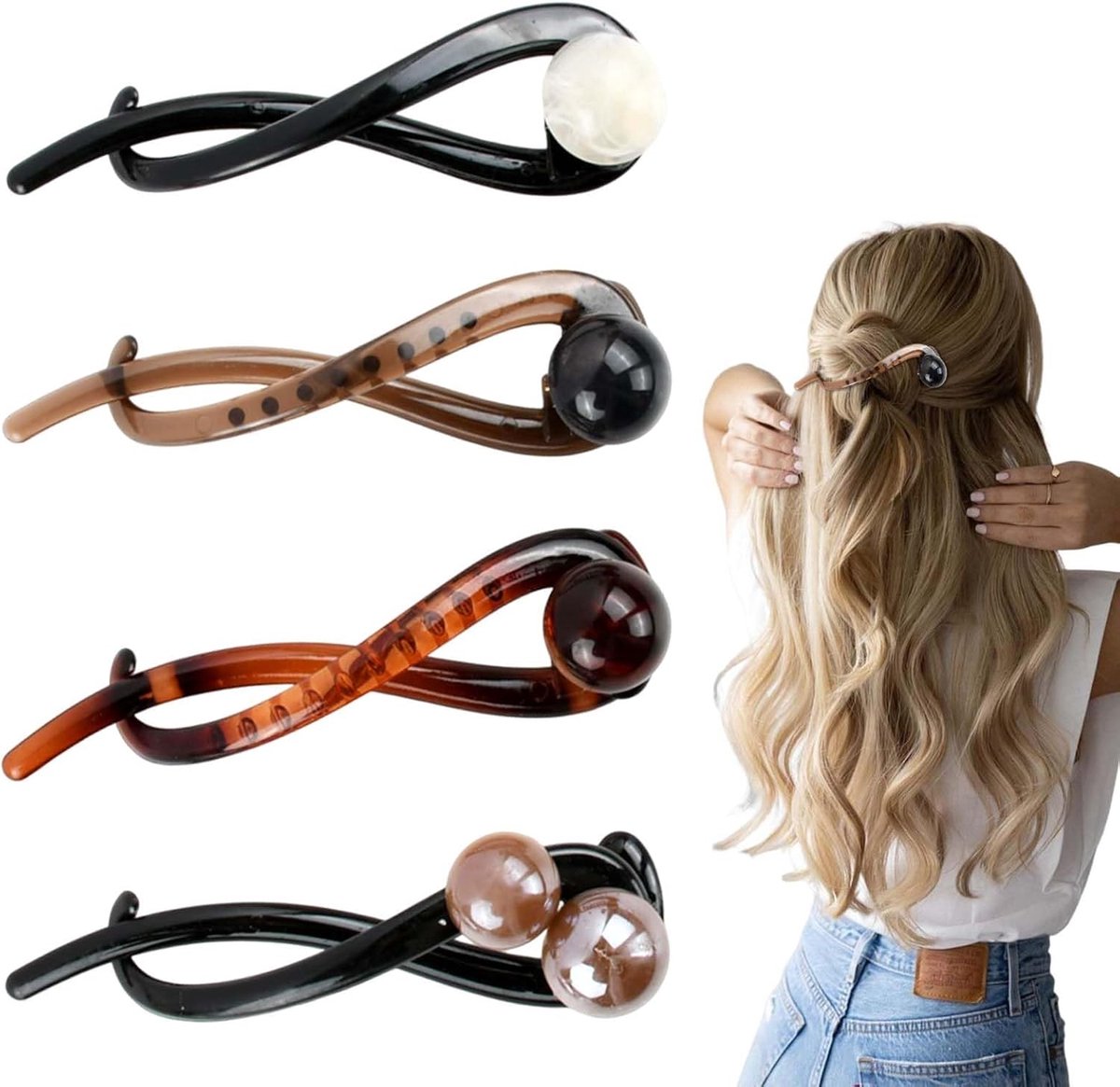 Parel Haarspelden - Banaan Clips - Opgestoken Kapsels - Gedraid Design - 4 Stuks - Parel Wit
