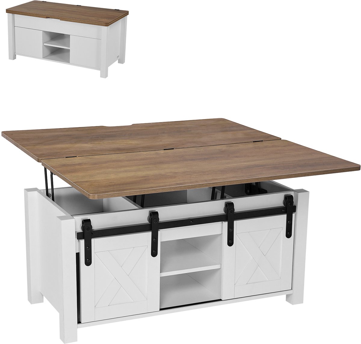 Vevor Lift Top Salontafel 100 cm, Rustieke Salontafel met Schuurdeur en Verborgen Opbergvak, Rechthoekig Hefbaar Tafelblad voor Woonkamer, Kantoor, Thuis, Woonkamertafel, Banktafel, Bruin + Wit Wit Rustiek Bruin