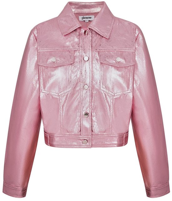 Roze metallic korte jas met drukknoopsluiting en opgestikte borstzakken.