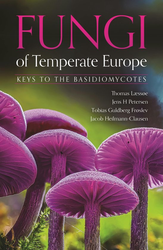 Boekomslag van "Fungi of Temperate Europe" met paarse paddenstoelen op de voorgrond en tekst.