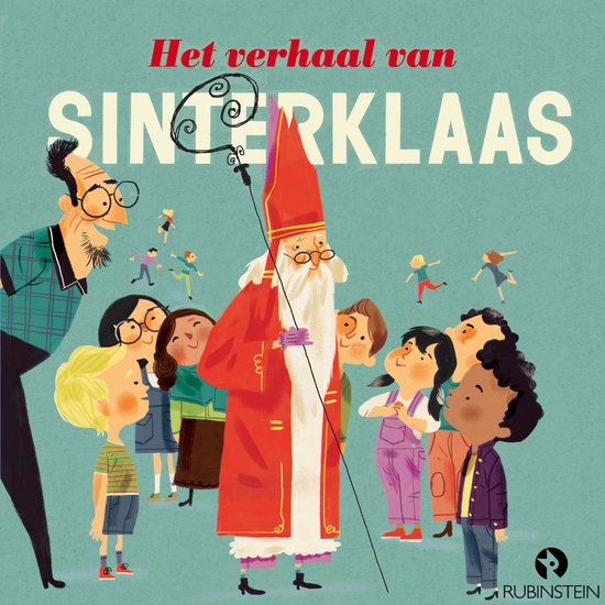 Een boek met de titel 'Het verhaal van Sinterklaas'. Sinterklaas staat in het midden met een staf, omringd door kinderen en een volwassene.