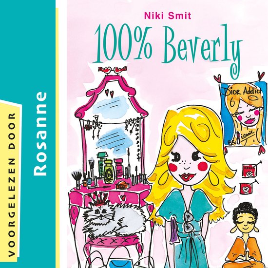 Boekomslag met een illustratie van Niki Smit '100% Beverly' met make-up, een kat en twee meisjes.