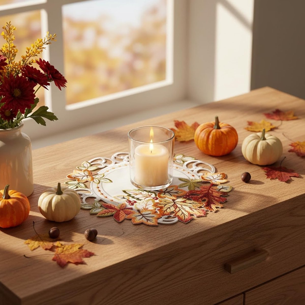 Ronde Tafelrunner Decoratie met Witte Geborduurde Herfstbladeren