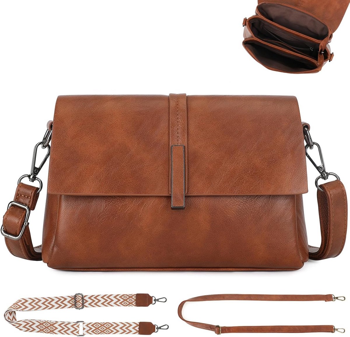 Dames Schoudertas van Leer, Crossbody Tas met Brede Schouderband, Kleine Tas met Verstelbare Band