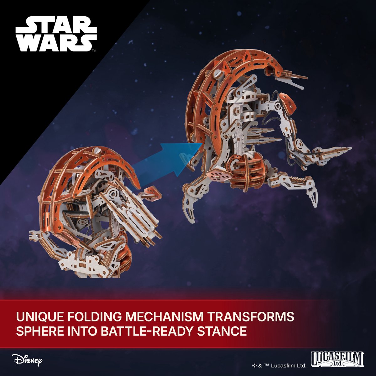 UGEARS 3D Modelbouw - Droideka™ - Star Wars - Mechanisch Bouwpakket Hout - Educatief Speelgoed — afbeelding 5