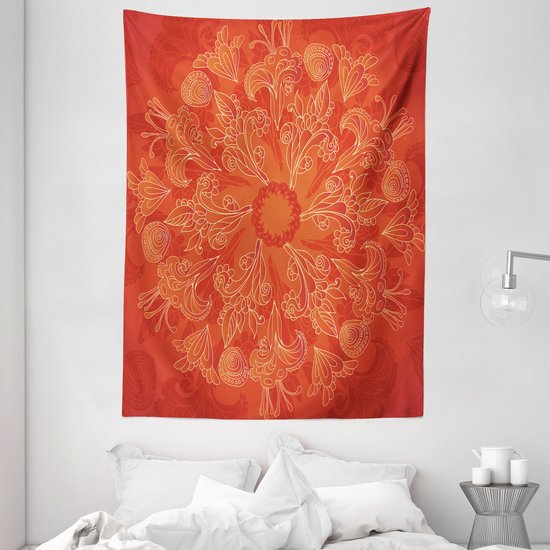 ABAKUHAUS Tapisserie et couvre-lit Mandala rouge, Art Doodle vibrant, 110 x 150 cm, Orange écarlate