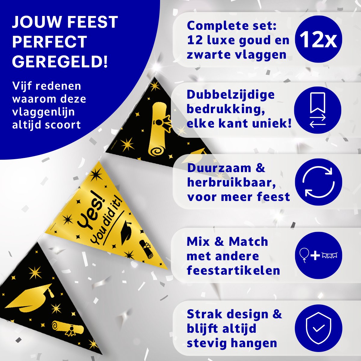 BTH - Slingers - Yes! You Did It! - Goud en Zwart - Geslaagd Versiering - Slinger - Vlaggenlijn - Geslaagd Cadeaus - 1 St — afbeelding 4