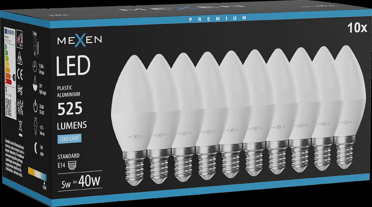 Mexen Nova 10x LED-lamp E14, C37, 5W, Koud - 6500K, 525 lm - L102-E14-0565-01x10