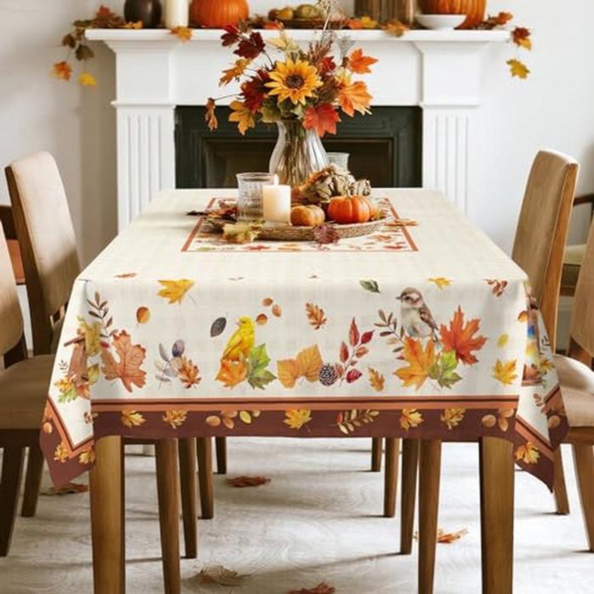 Waterdicht tafelkleed herfst met vogels - vlekbestendig en wasbaar (152 x 264 cm)