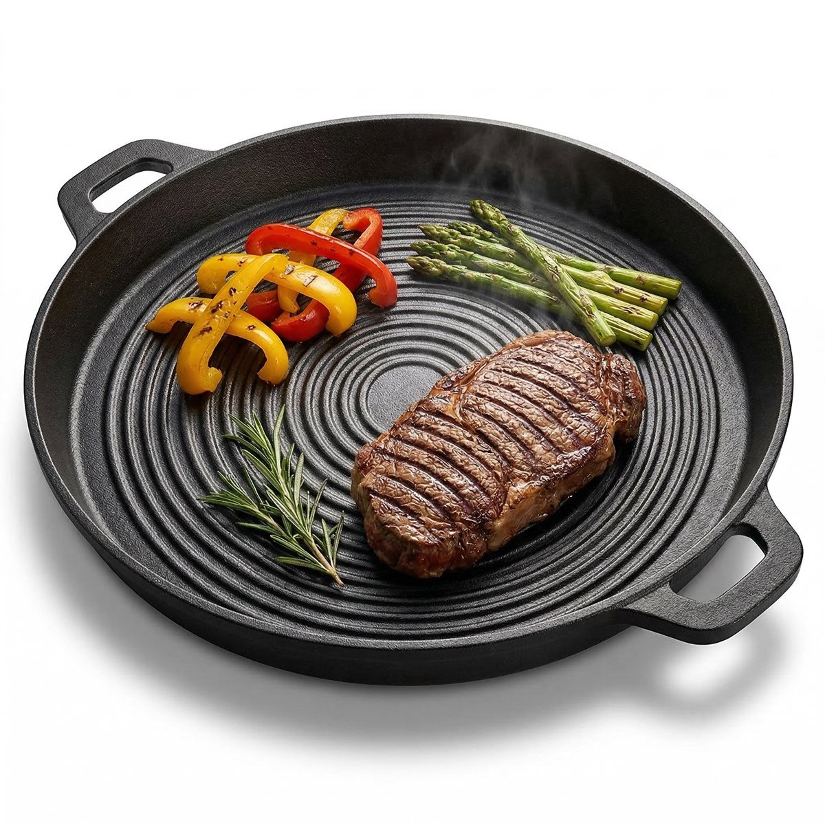 Lomera Grillpan voor de BBQ - Grillplaat - Barbecuepan - Grillpan Gietijzer - Steakpan - Barbecue - Plancha - Dubbelzijdig - Vuurpan - Camping - BBQ Accessoires - Rond - Grillrooster - Vleespan - Gasgrill - Houtskoolgrill - Tuin met Handgrepen