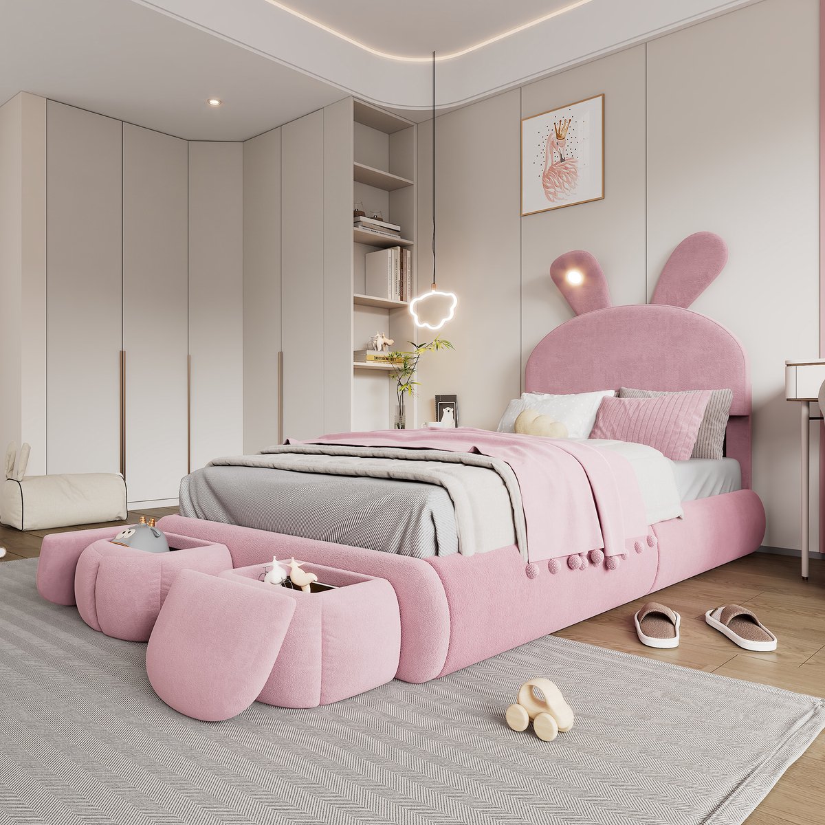 MODENUIT Gestoffeerd bed 90x200 cm – Eenpersoonsbed met verstelbaar LED-licht – 2 opberghockers – Zonder matras – Roze