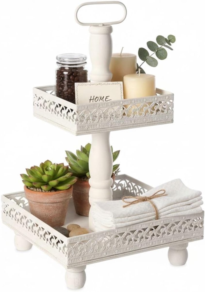 Etagère - Serveerschaal - Feestelijk Serveren - Shabby Chic Design - 51 cm Hoog - Wit