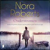Een vrouw in een gebreide jas staat op een steiger bij een meer, met de tekst 'Nora Roberts Onderstromen'.