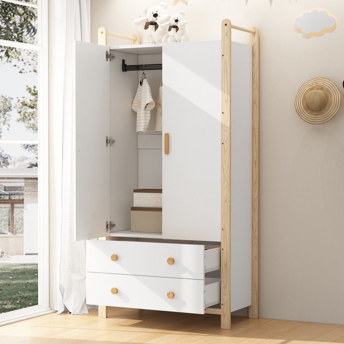 Wishdor - Kledingkast - 2 Deuren, Kledingroede En 2 Laden - Modern - Slaapkamer - Hout En MDF - Naturel/Wit - 89,6 x 44 x 180,5 cm