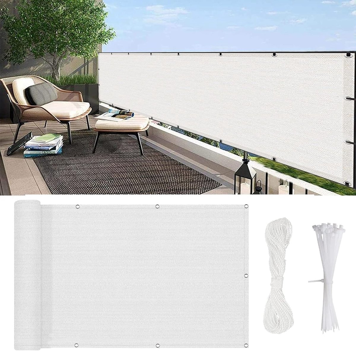 Balkonscherm Privacy - Ondoorzichtig Doek - Buiten Leven - UV Bestendig HDPE - 130 x 950 cm - Wit