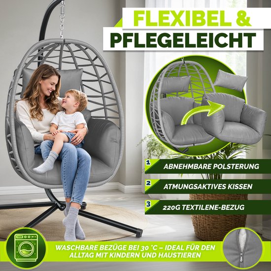 tillvex® Hangstoel met Standaard Outdoor & Weerbestendige Hoes incl. Bevestiging | Hangmand Opklapbaar tot 150 kg | Hangstoel van Rotan | Hangstoel voor Indoor Tuin Balkon Terras