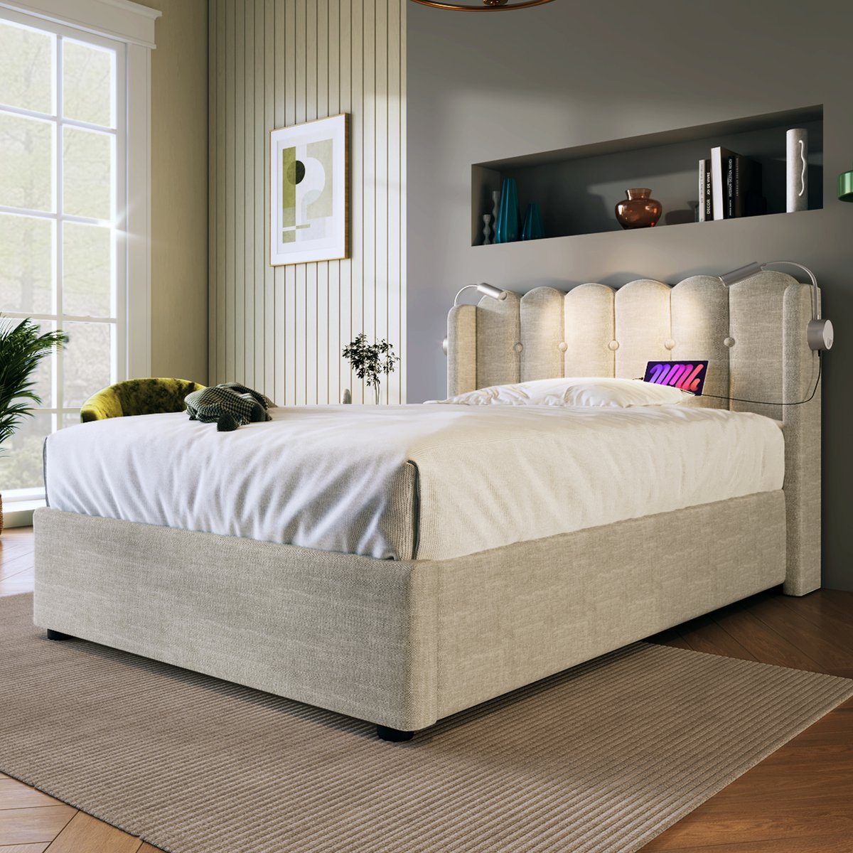 REDOM Opbergbed 90x200 cm – Linnen – Hydraulisch – Leeslamp & 2x USB – Naturel – 150 kg
