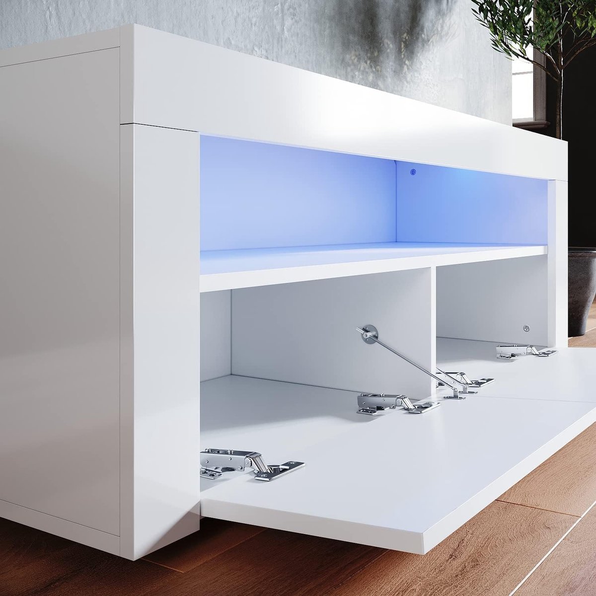 TV-meubel met LED-verlichting – Urbanhome LumiBoard – Hoogglans wit – 120x40x45 cm – 12 instelbare kleuren – Modern tv-bord, tv-rek en opbergkast