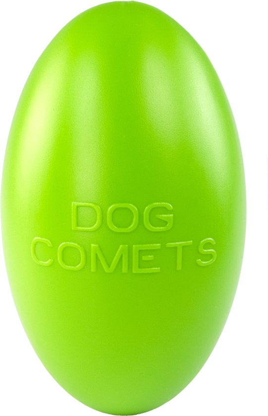 Groene ovale hondenbal met reliëftekst DOG COMETS in het midden.