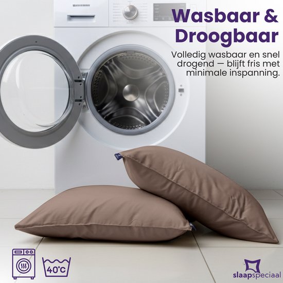 Twee bruine kussenslopen naast een wasmachine, met indicatie voor wassen op 40°C.