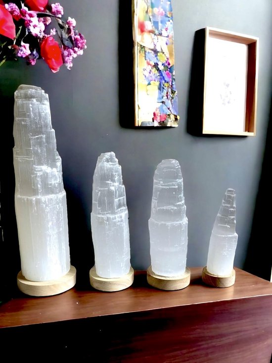 Witte Seleniet Kristal Tafellamp met Houten Basis voor Energie en