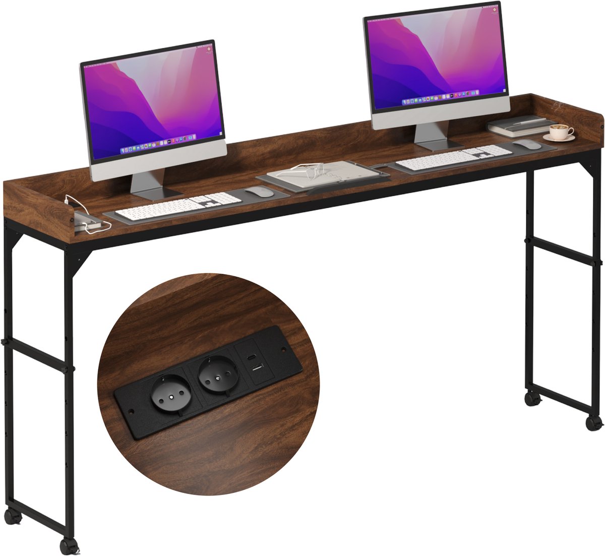DreamDesk Verrijdbaar Bureau op Wielen Laptop & Werkbureau – Standing Desk - Bureaublad - Sta Bureau - Overbed tafel - Bed tafel - Past Over Bed - Bedtafeltje - Verstelbare tafel - 213 cm – Espresso Brown