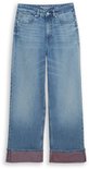 Een wijde, lichtblauwe jeans met omgeslagen zoom met roze voering.