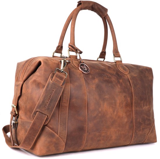 Le sac de voyage DE LAMASSU® (Rafael) en cuir véritable – weekender unisexe 50 × 35 × 28 cm – sangle d'épaule réglable, extensible avec boucles latérales, pieds de protection, emballage cadeau