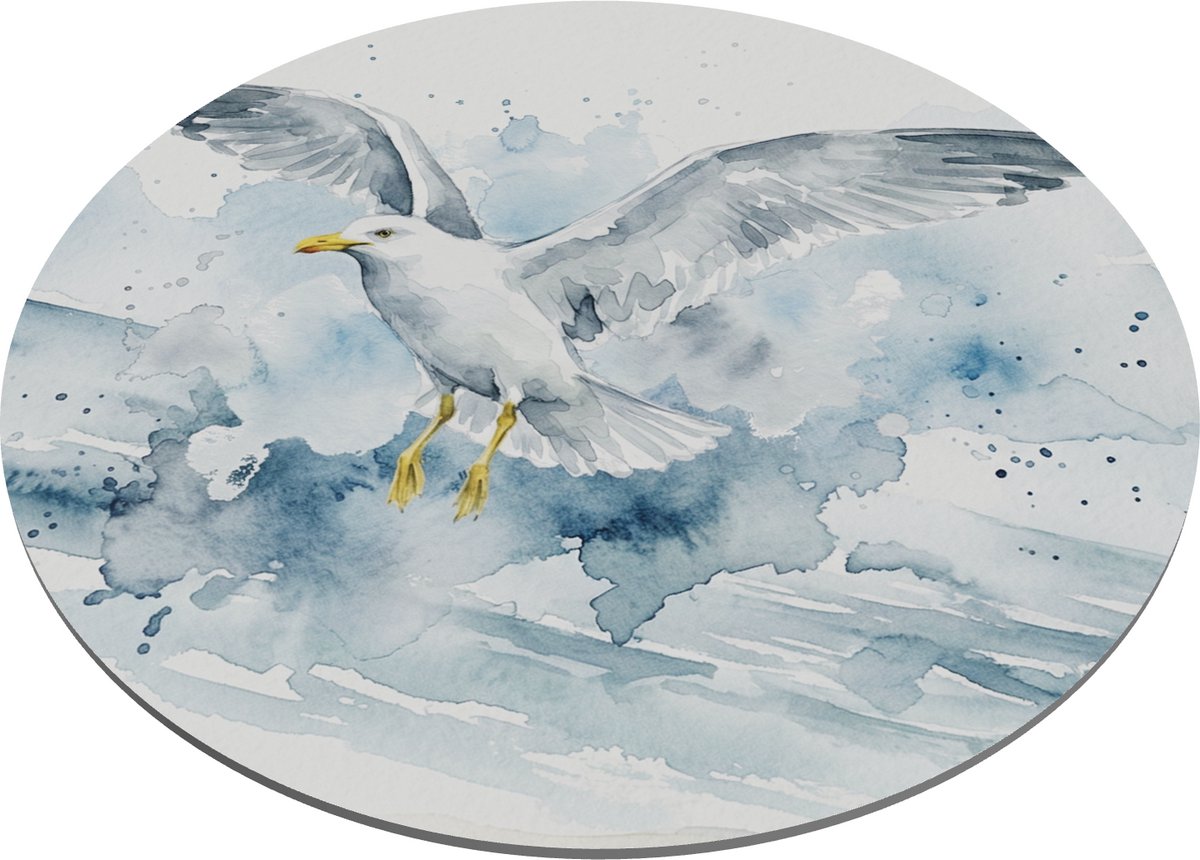 Ronde Muismat Aquarel Series - Vliegende Zeemeeuw over Zee en Golven Print - Dieren Natuur Schildering voor Kantoor en Thuiswerkplek - Uniek Bureau Accessoire Cadeau voor haar: Vriendin & Collega - Decoratieve Computer Muis Mat voor Laptop en PC