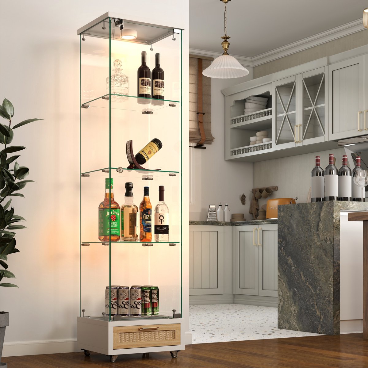 Moderne Glazen Vitrinekast met Lades, Vitrinekast met Ledverlichting, Boekenplank van Gehard glas, Kast met één deur en vier Planken. Geschikt voor Woonkamer en Slaapkamer, Wit - H167/B42,5/D36,5 cm