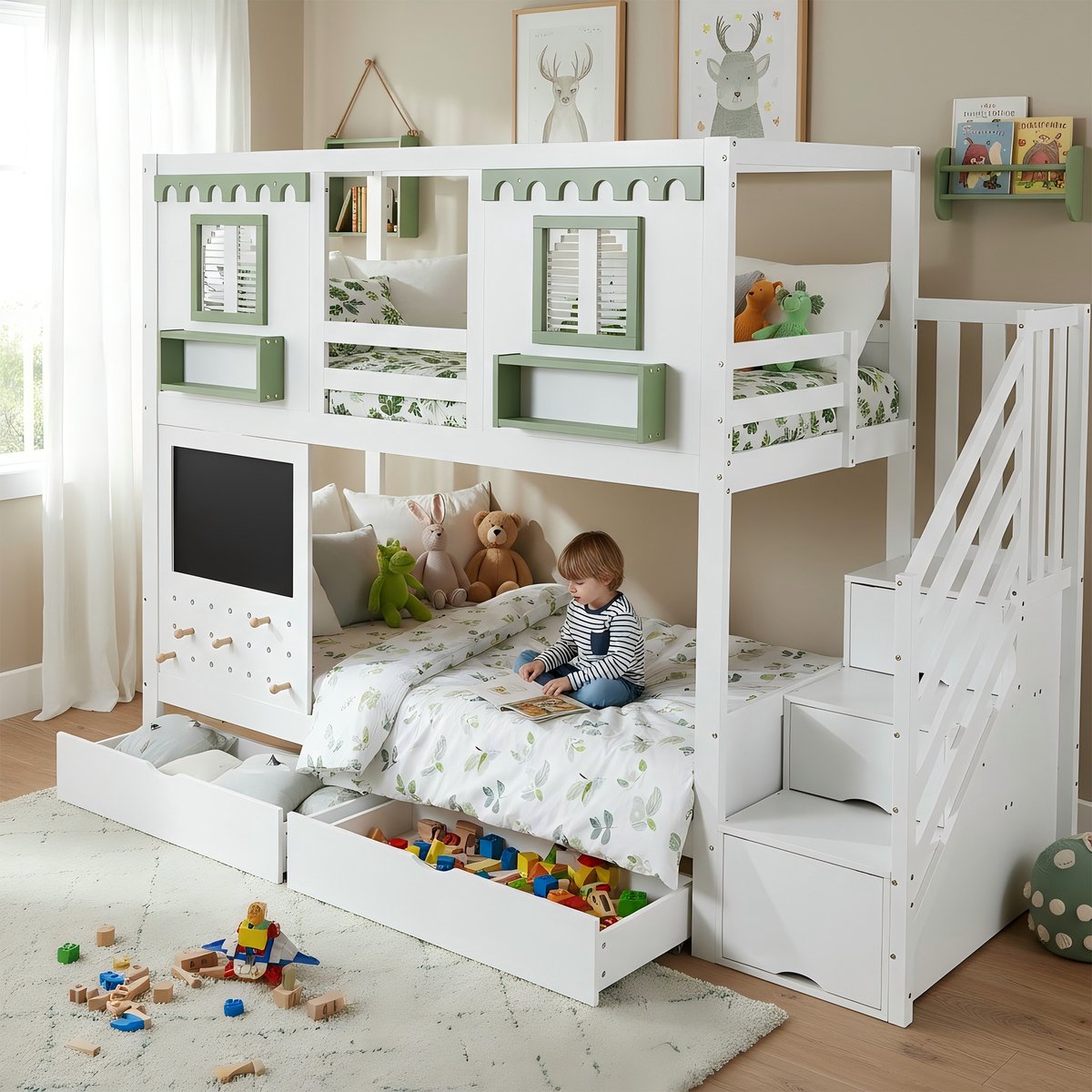 Clruro Stapelbed - 90x200 cm - met Perforatiebord - Trapkast & Lades - Grenen & MDF - Wit & Groen