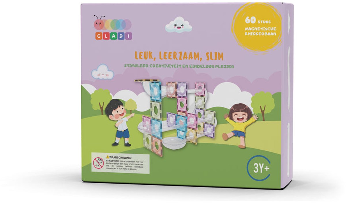 Gladi 60-Delige Knikkerbaan Pastel - Magnetisch Speelgoed Knikkerbaan - Magnetic Tiles - STEM Speelgoed voor 3 t/m 12 Jaar - Magnetische Tegels - Magnetische Bouwstenen - Educatief Speelgoed - Speelgoed Cadeau