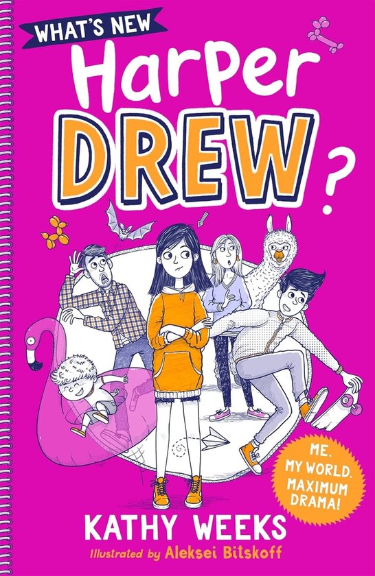 Boekcover met de titel 'What's New, Harper Drew?'. Harper staat in het midden met een oranje hoodie.
