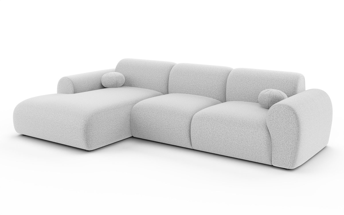 Hoekbank Neva 300cm lichtgrijs chenille bank links loungebank hoeksalon
