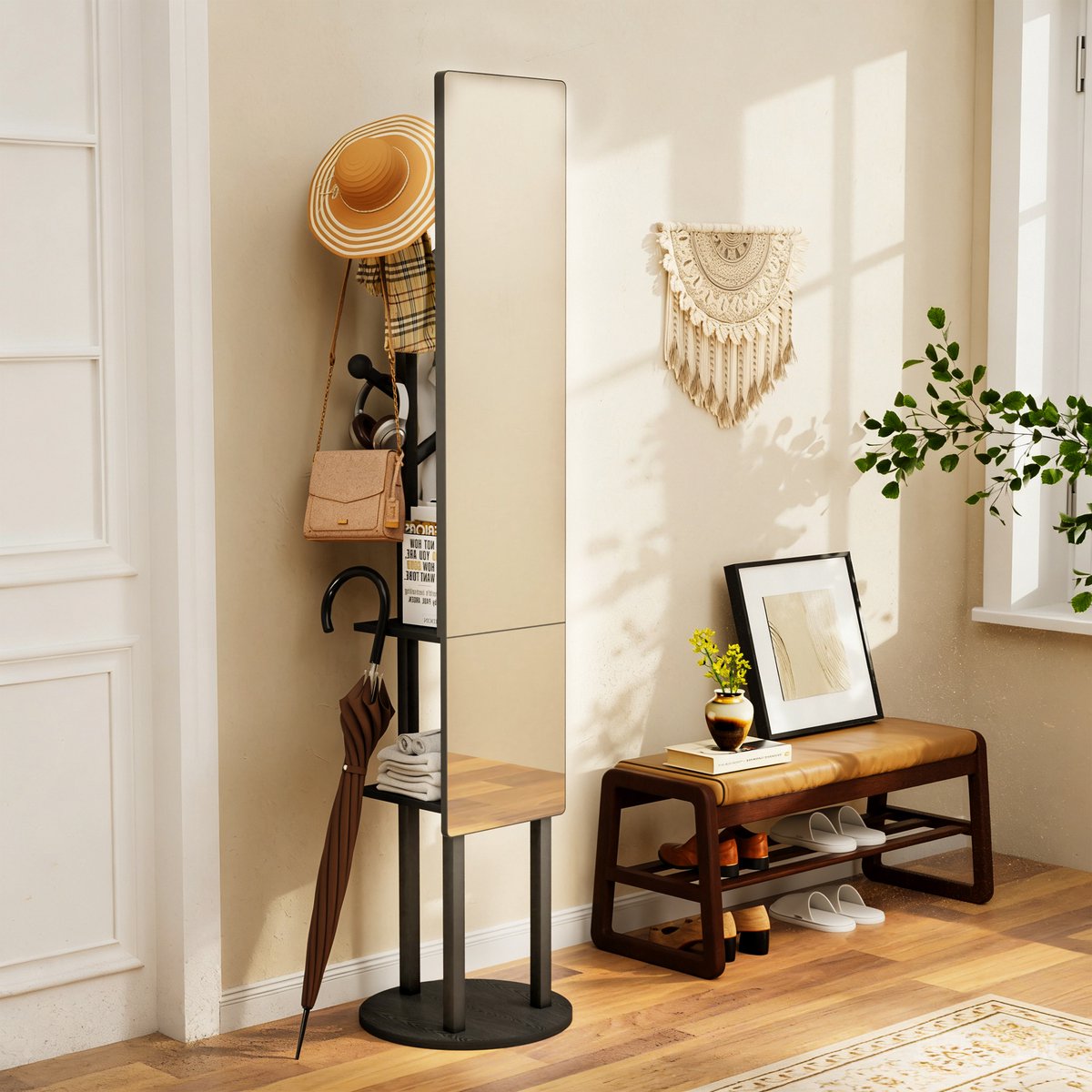 Pugsdrly Garderobe met passpiegel en opbergruimte, 360° draaibare multifunctionele kleding