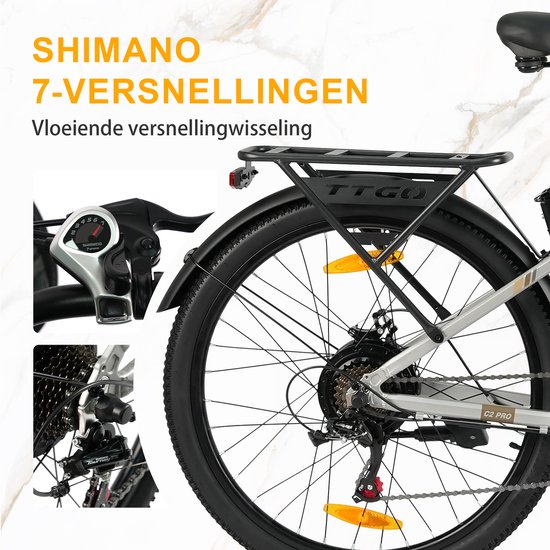 TTGO Elektrische Fiets - Tot 120 km Actieradius - 18Ah Accu - 26" stadsfiets - Shimano 7 Versnellingen - LCD Display - zilver van TTGO — afbeelding 5