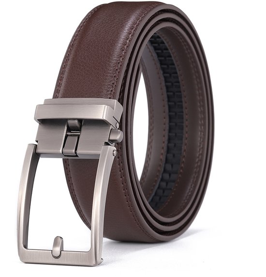Ceinture en cuir marron foncé avec une boucle automatique argentée.
