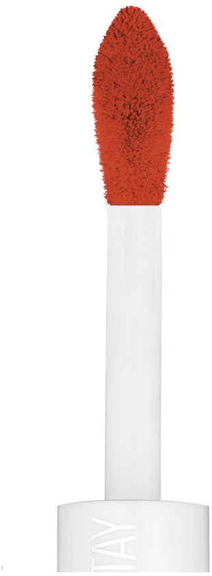 Een rode lippenstift applicator met de tekst 'STAY' op de dop.