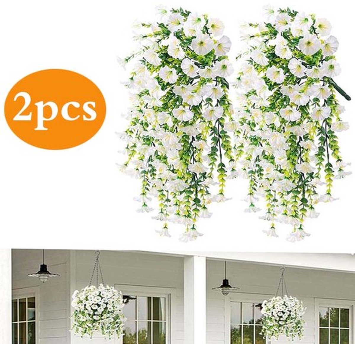 2 stuks Kunstmatige winde slinger 75 cm - Kunstmatige slingerkrans - Decoratie voor huis, tuin en bruiloft - Hangende kunstbloemen (Wit)
