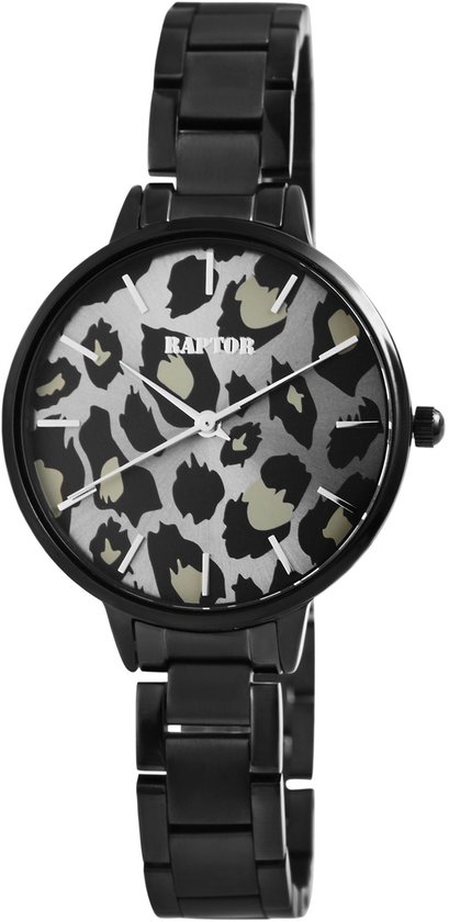 Zwart Raptor dameshorloge met zilverkleurige wijzerplaat met luipaardprint, zilverkleurige wijzers en metalen band.