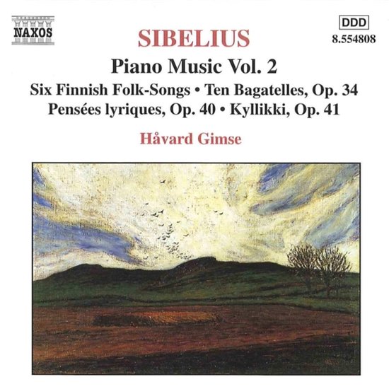 De hoes van Sibelius Piano Music Vol. 2 toont een schilderij met golvende heuvels en een boom aan de rechterkant.