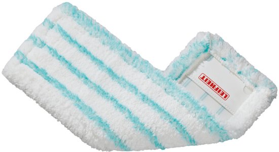 Brosse de vadrouille blanche à rayures bleu clair avec une étiquette Leifheit.