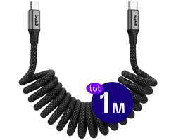 Buddi Flex | Uitrekbare USB-C naar USB-C Krul Kabel 60W Fast Charge | 480Mbps Dataoverdracht | Gevlochten Elastisch Nylon | Krulsnoer | Spiraalkabel | Ideaal voor in de auto | 1M | 1 Meter | Zwart