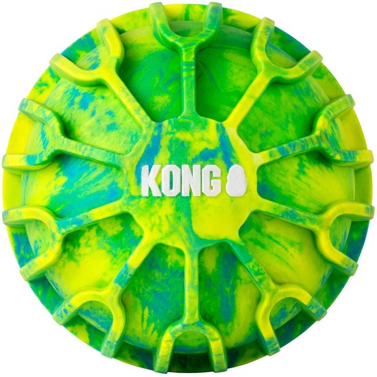 KONG FlexBall Sport bal, geel en groen, met een gesleufd oppervlak en het logo.