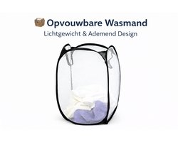 Wasmand Opvouwbaar 36x36x59 cm – Waszak met Stalen Frame & Gaas – Lichtgewicht Wasbox met Handvatten – Zwart/Wit