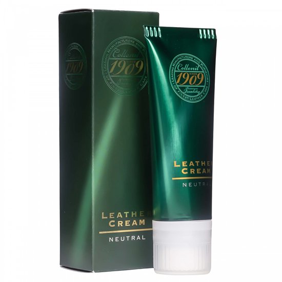 Collolil 1909: Doos en tube leercrème neutraal. Groene tube en doos met gouden logo.