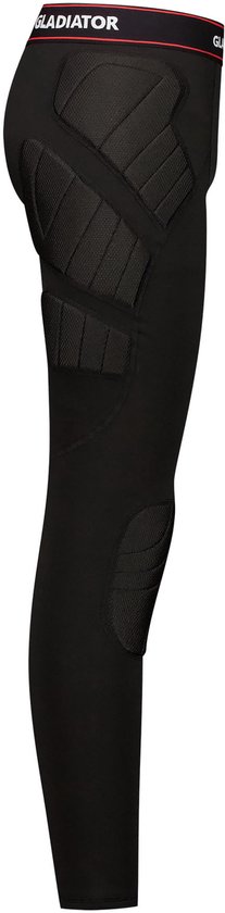 Zijkant van een zwarte sportlegging met padding op heup en knie.